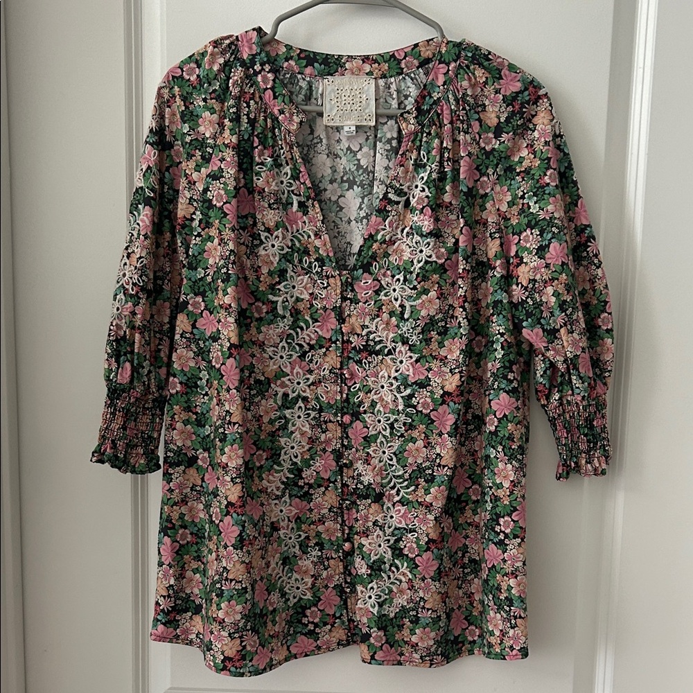 Johnny Was Pink and Green Floral Cotton Blouse